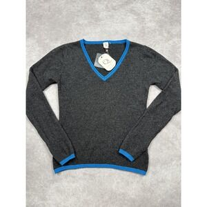 NWT Qi Cashmere Sweater Women Small Gray Blue Trim V Neck 100% Cashmere Pullover